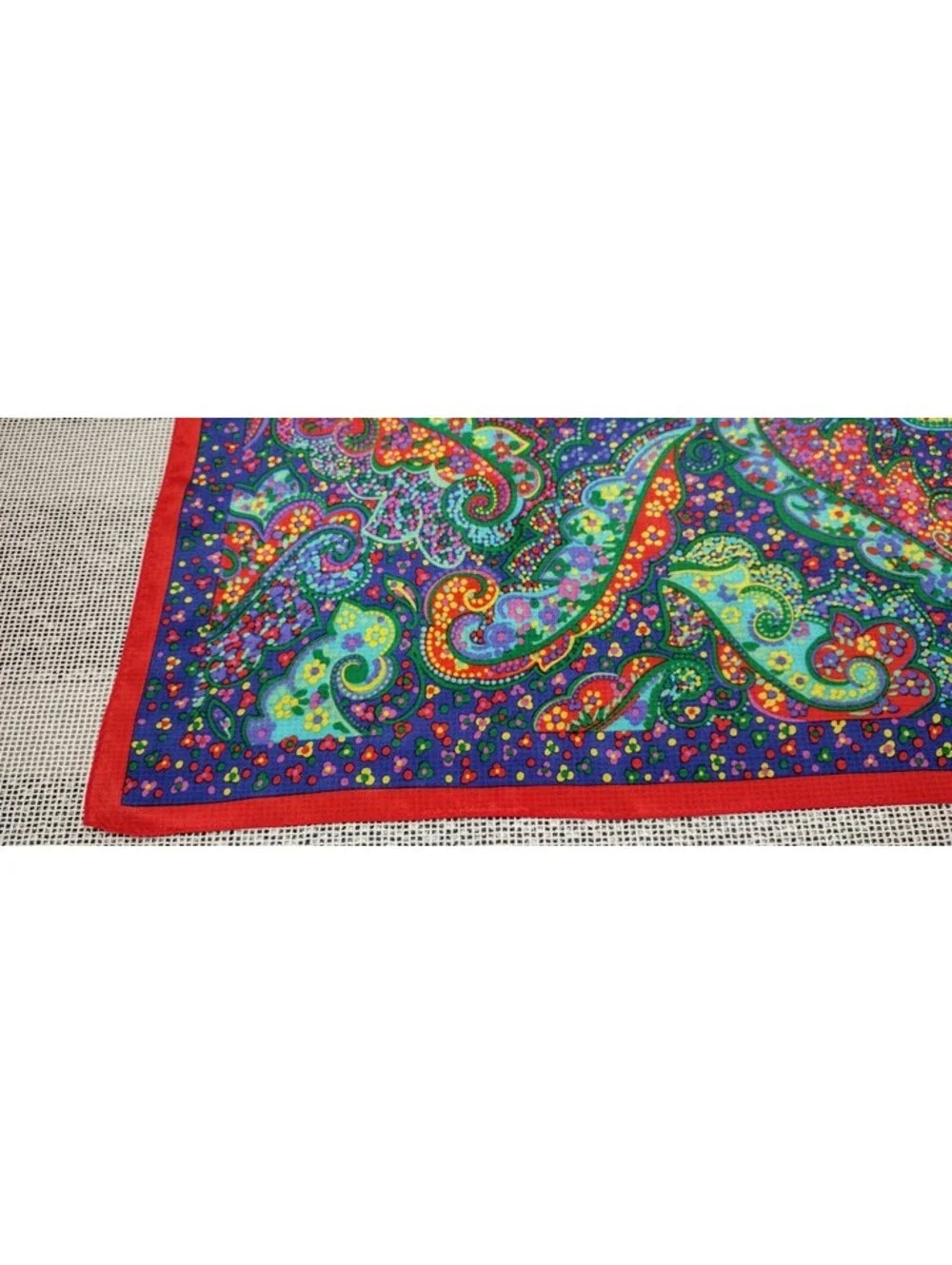 Vintage Psychedelic Paisley Silk Scarf Red Border Colorful Multicolor Big Size!